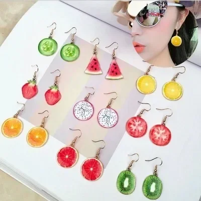 Cute Round Grapefruit Orange Lemon Drop Earrings Green Cucumber Kiwi Earrings Red Strawberry Tomato Dangle Earrings for Women