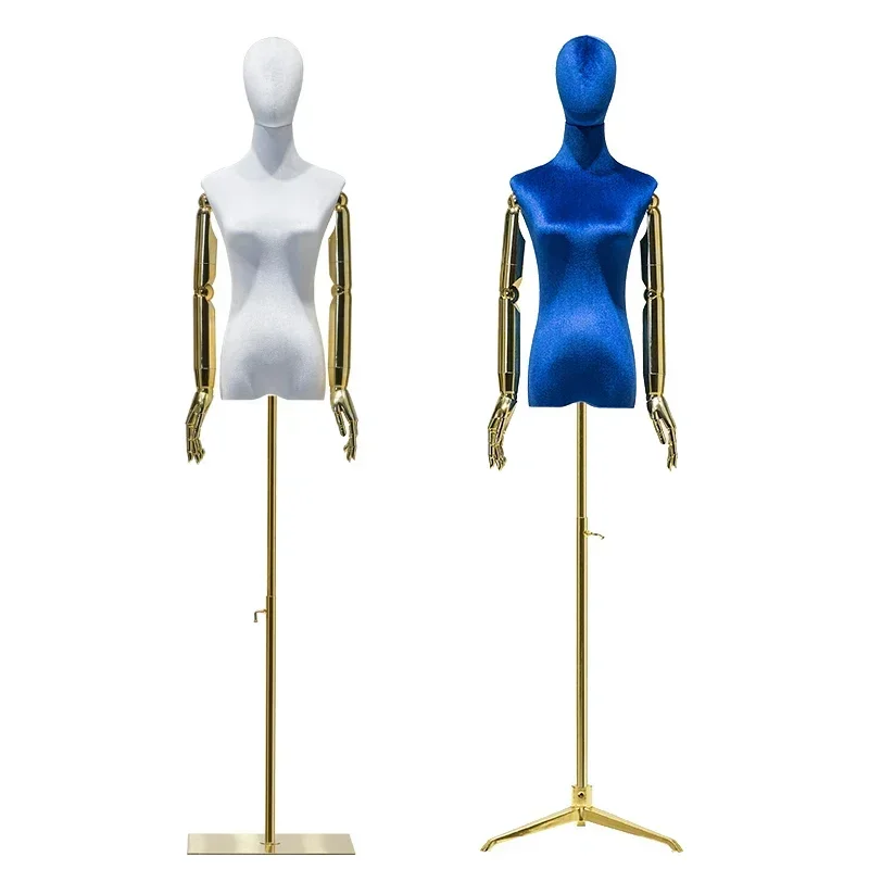 Electroplating Arm Fabric Cover Female Head Half Mannequin Body Metal Base for Wedding Display Adjustable Rack Women Model