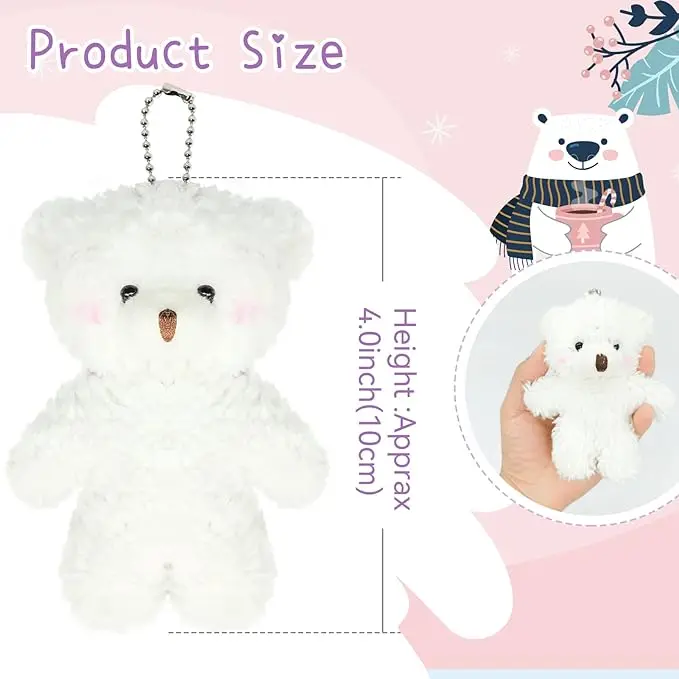 12pcs Mini White Bears Plush Doll Tiny Soft Stuffed little Bear Keychain Mini Plush Bears Bulk Girl Bag Pendant Birthday Gifts