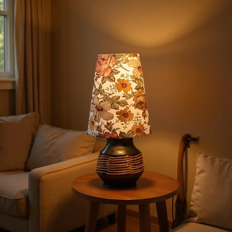 

Ceramic Bamboo Wood Splicing Floor Lamps Study Simple Household Decoration Fabric Art Floral Print Retro LED Desk Table Lights