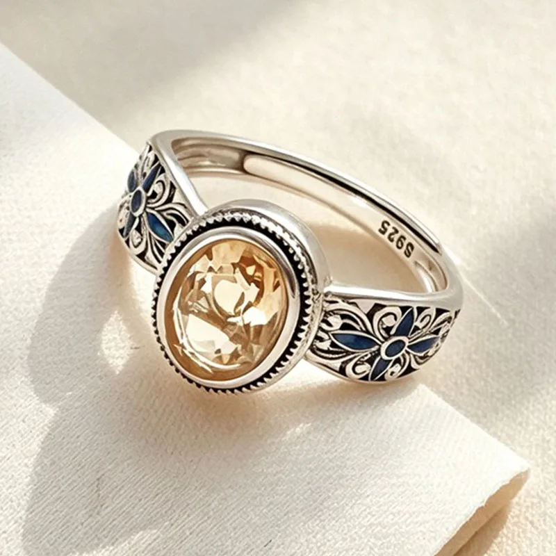 BF CLUB 925 Sterling Silber Ring für Damen, Schmuck im Retro-Stil mit orangefarbenem Stein, offener Vintage-Handgefertigter Ring, allergiefrei, für Party, Geburtstagsgeschenk – Detail 2