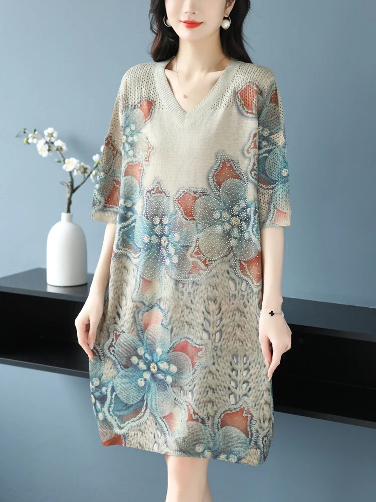 

Chinese Style Print Short Sleeve Dress 2024 Summer Casual V Neck Elasticity Long Dresses For Women