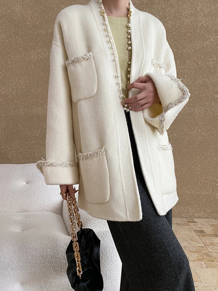 TLXT 女性のベルトギャザーウエストウールブレザー女性のための V ネックオフィスレディ厚く暖かい緩い生き抜く 2025 冬の新 XK1020