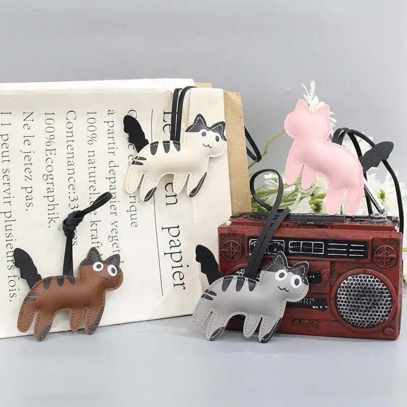 PU Leather Cow Cat KeyChain Cute Cartoon Cat Leather Charm Bag Pendant Women's Bag Charm Decoration Bag Accessories Gifts