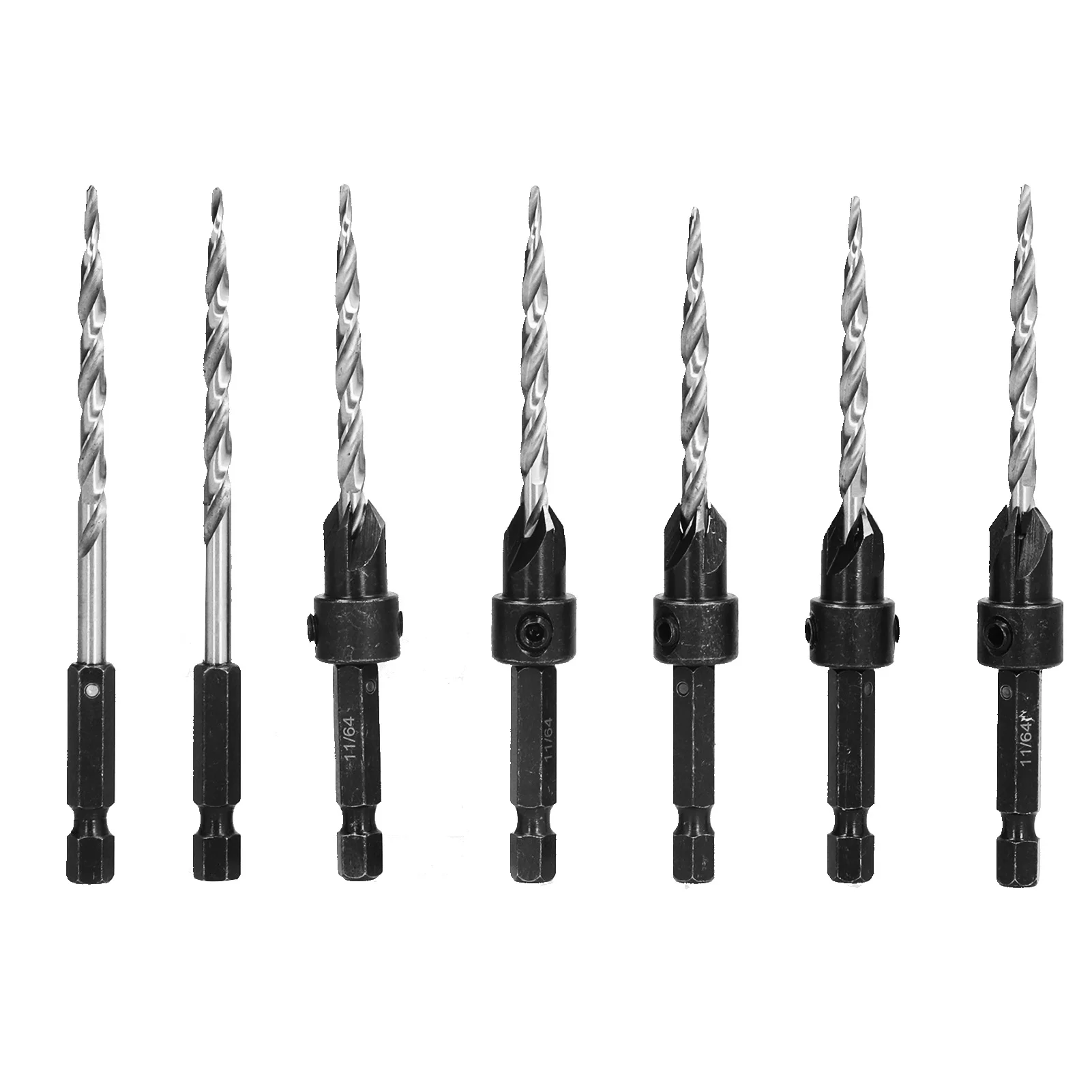 

Wood Countersink Drill Bit Set Inch Tapered Adjustable 1/4 Hex Shank with Collar Wrench 11/64 Wood Countersink Drill Bit Set