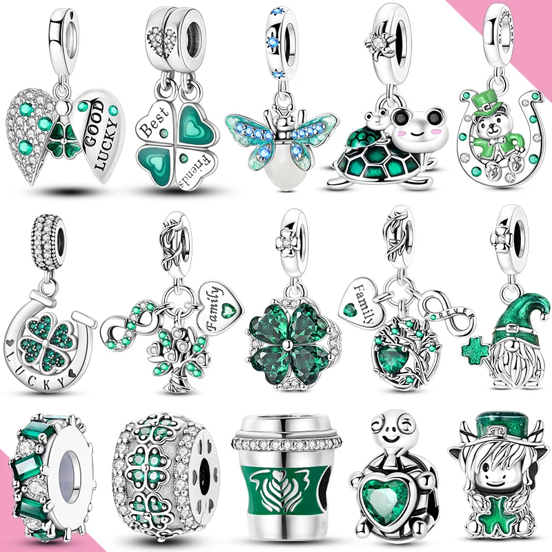 

Green Series 925 Silver Charms Beads For Woman Four Leaf Clover Turtle Avocado Fit Original Bracelet Making Pendant Fine Jewelry