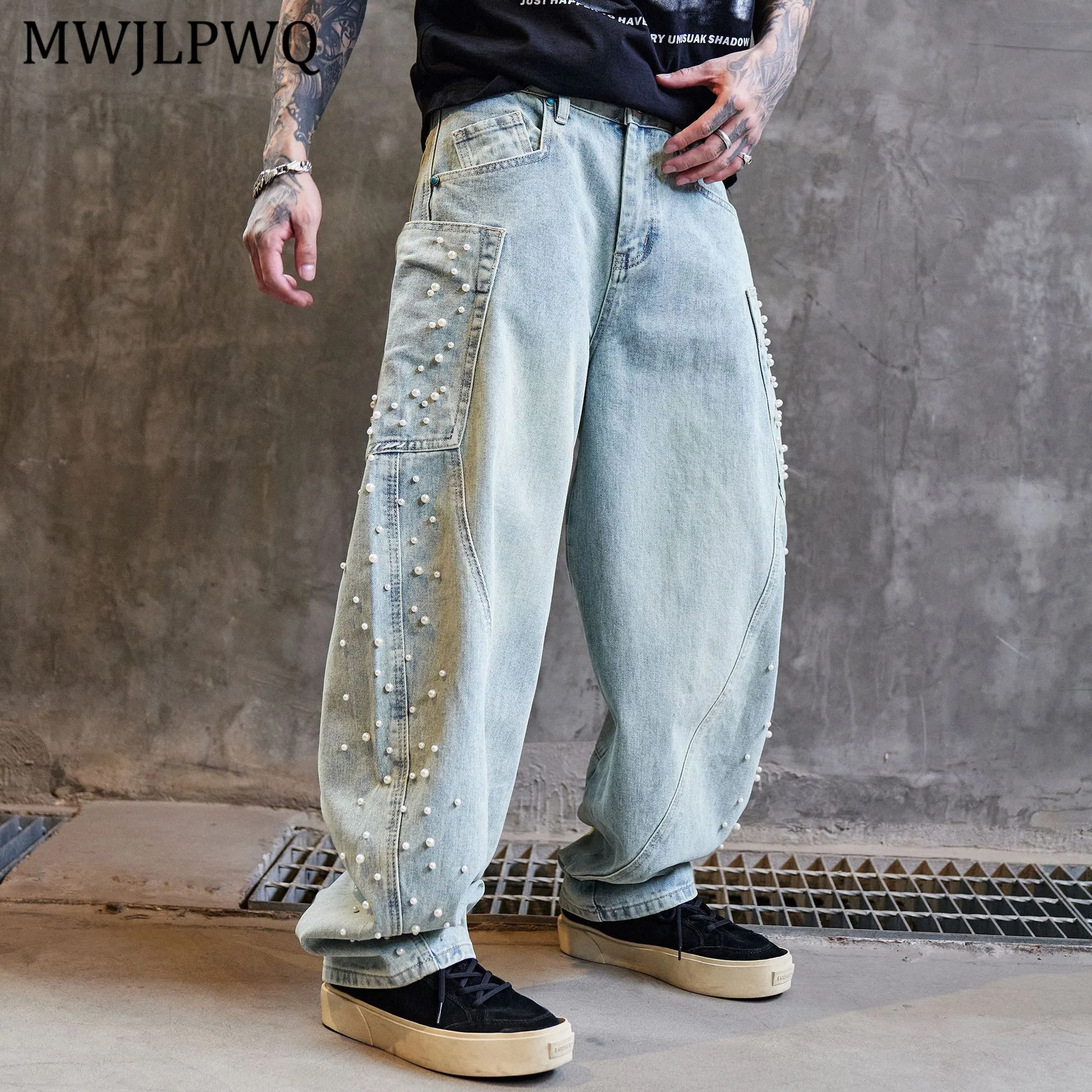 

MWJLPWQ Unique Design Heavy Beaded Jeans For Men High Street Trendy 2025 New Washed Loose Casual Wide-leg Pants Autumn 11405