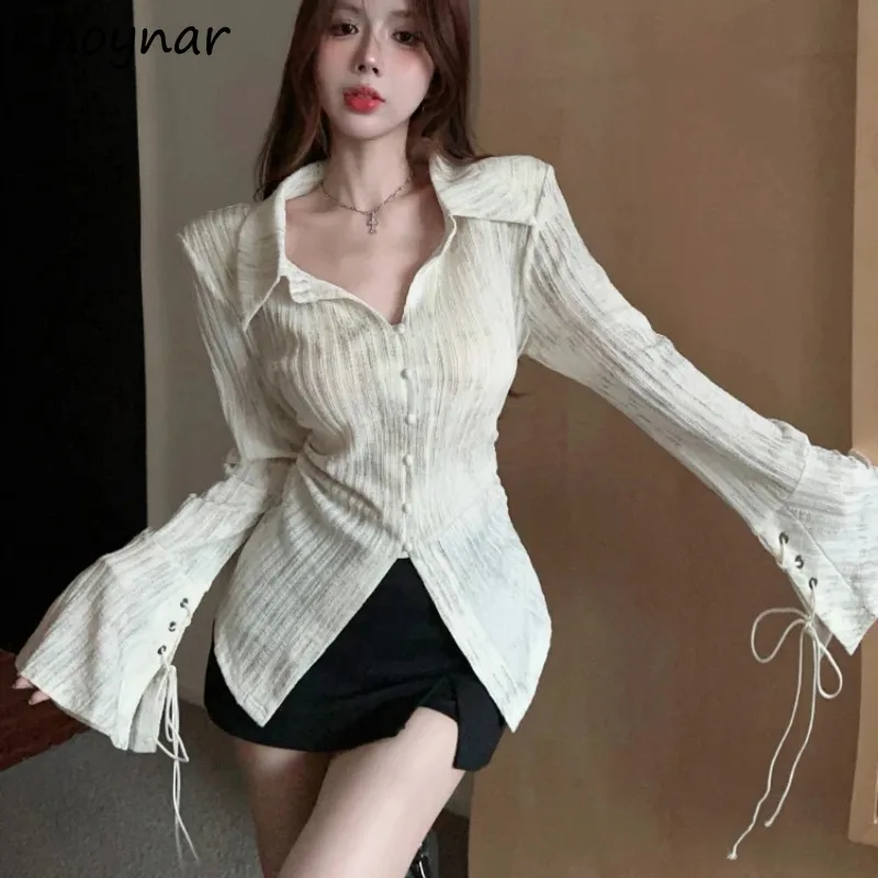 Flare Sleeve Shirts Women Autumn Elegant Female French Style Pleated Button Lace-up Trendy Fashion Casual All-match Prevalent