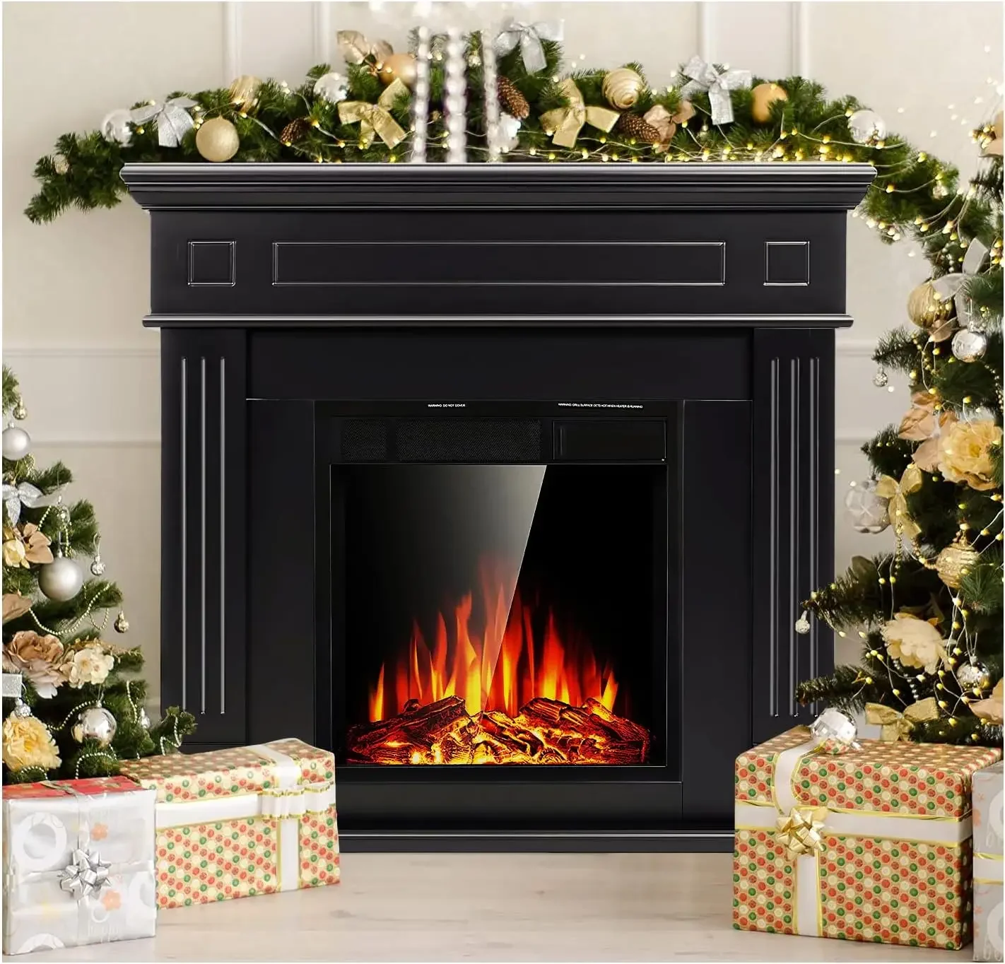 Electric Fireplace Mantel Package Wooden Surround Firebox TV Stand Free Standing Electric Fireplace Heater with Logs, Adjustable