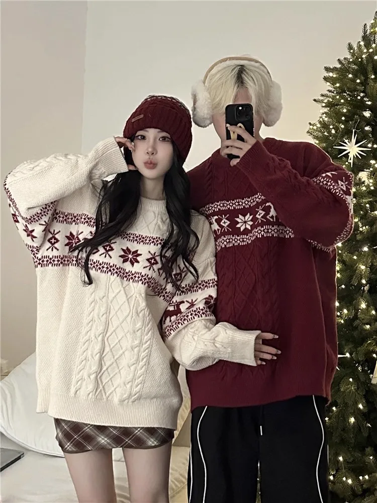 

Cisas Deer Knitted Sweater round Ne Pullover Soft Polyester Fiber Couples Lazy High-End Feeling Red Flower Embroidery