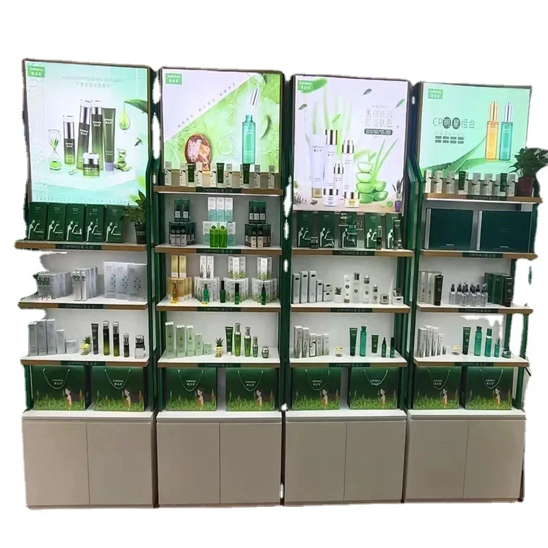custom.Cosmetics Display Cabinet Green/White/Light Wood Colors Stylish Versatile Shelf Company Showroom Beauty Salon