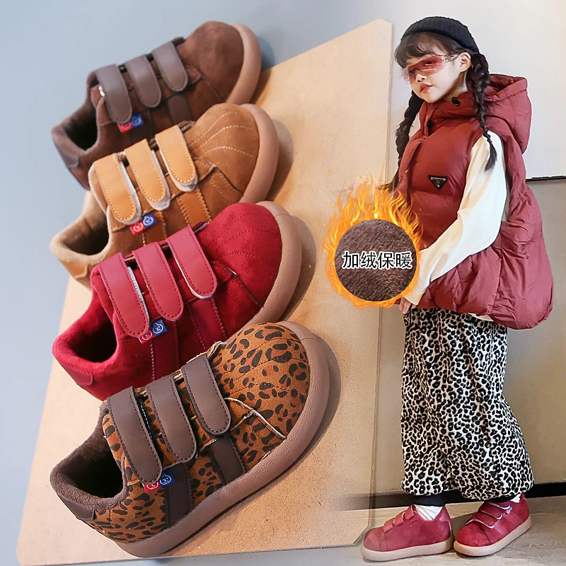 

Children's fleece cotton shoes 2025 autumn and winter new style girls' solid color leather board shoes Boys' Velcro casual shoes