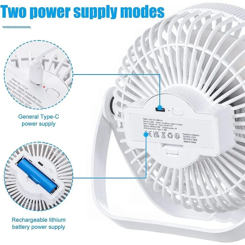 

HGHO USB Fan Small Desk Table Fan Silent Powerful Portable Mini Cooling Fan Rechargeable Battery Fan 3 Speeds Adjustable 360°