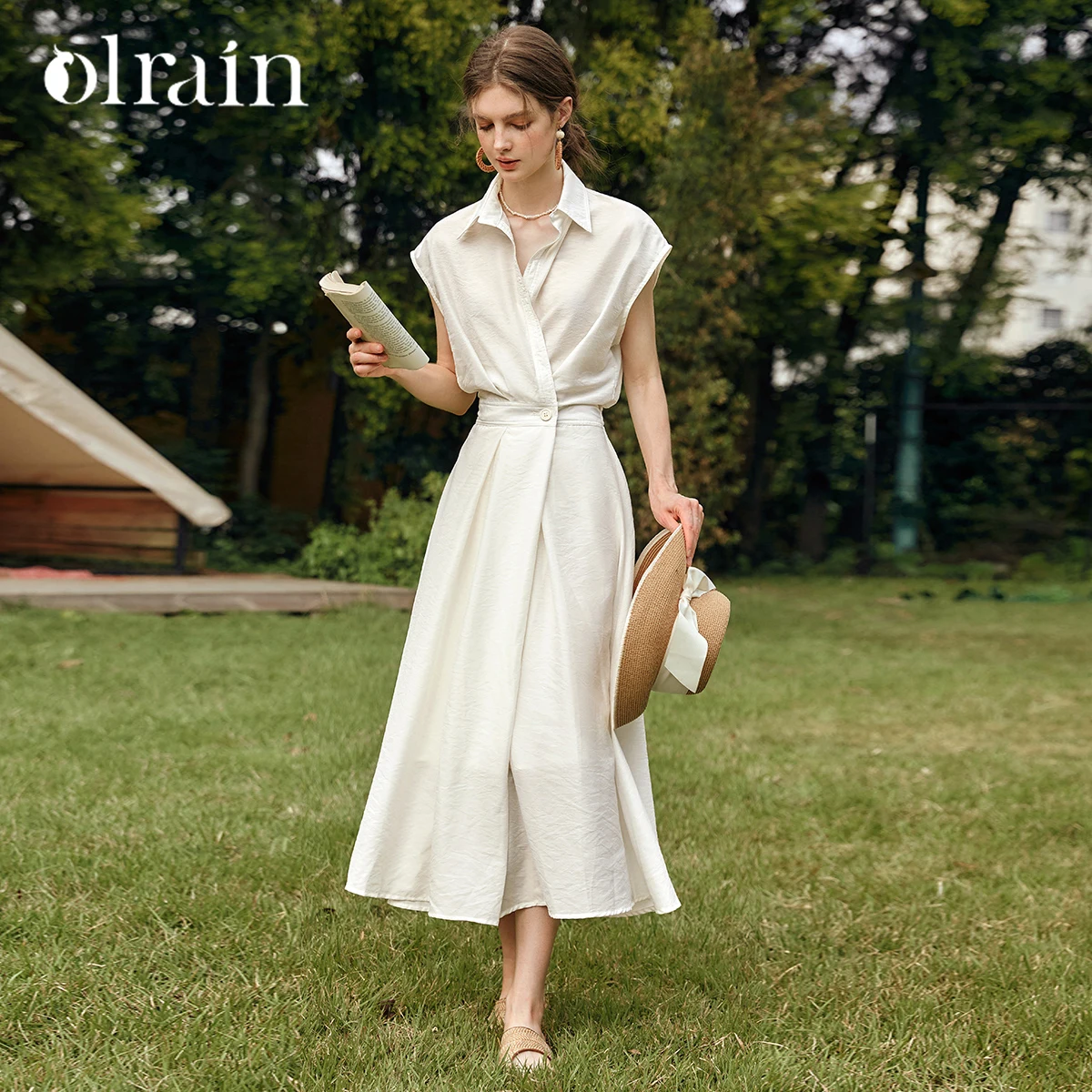 

OLrain Woman Summer Lyocell Shirt Dresses 2025 Elegant Ladies Vintage Short Sleeve Flared Midi Dress Robe Femmes O57XL93151