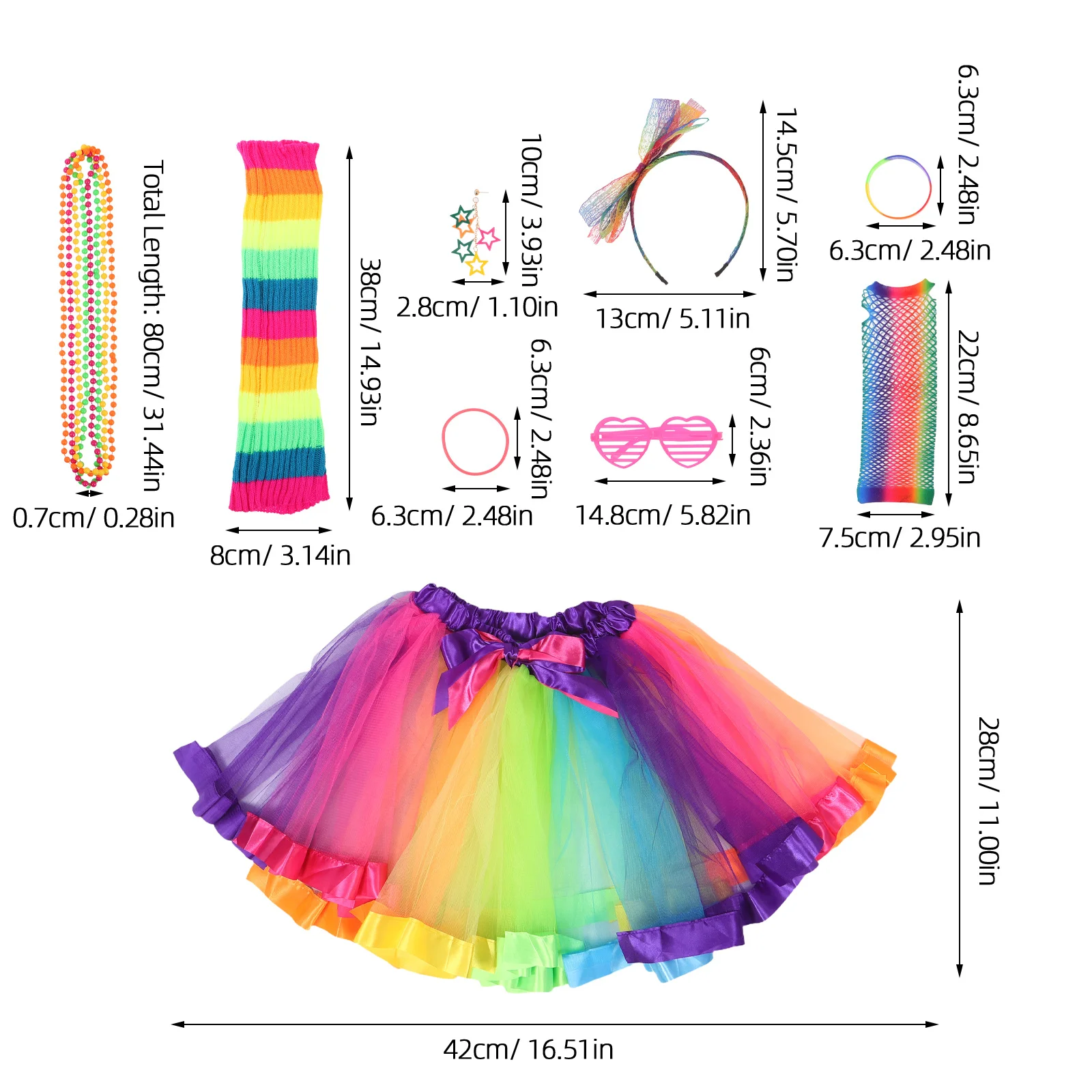 1 セットレインボーネオンコスチュームアクセサリーチュチュスカート網タイツ手袋レッグウォーマーネックレスイヤリング 80 年代レトロ用