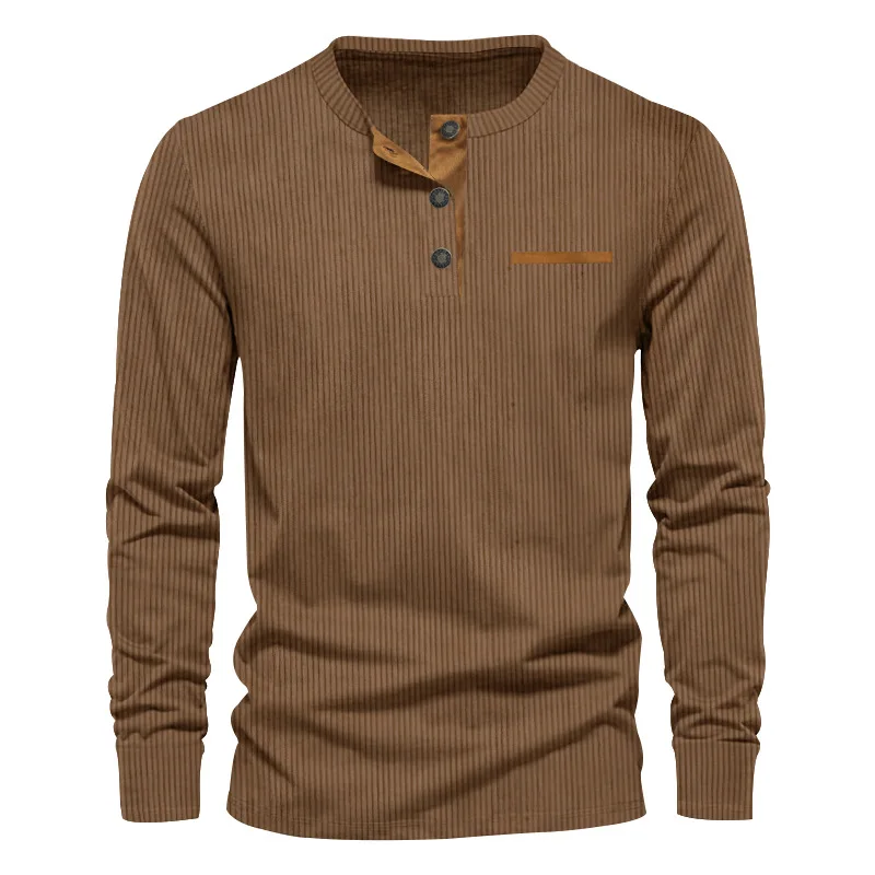 New Men\'s Long Sleeve T-shirt Spring And Autumn Comfortable Corduroy Fake Pocket Daily Casual Henry Shirt Fashion Men\'s Clothing