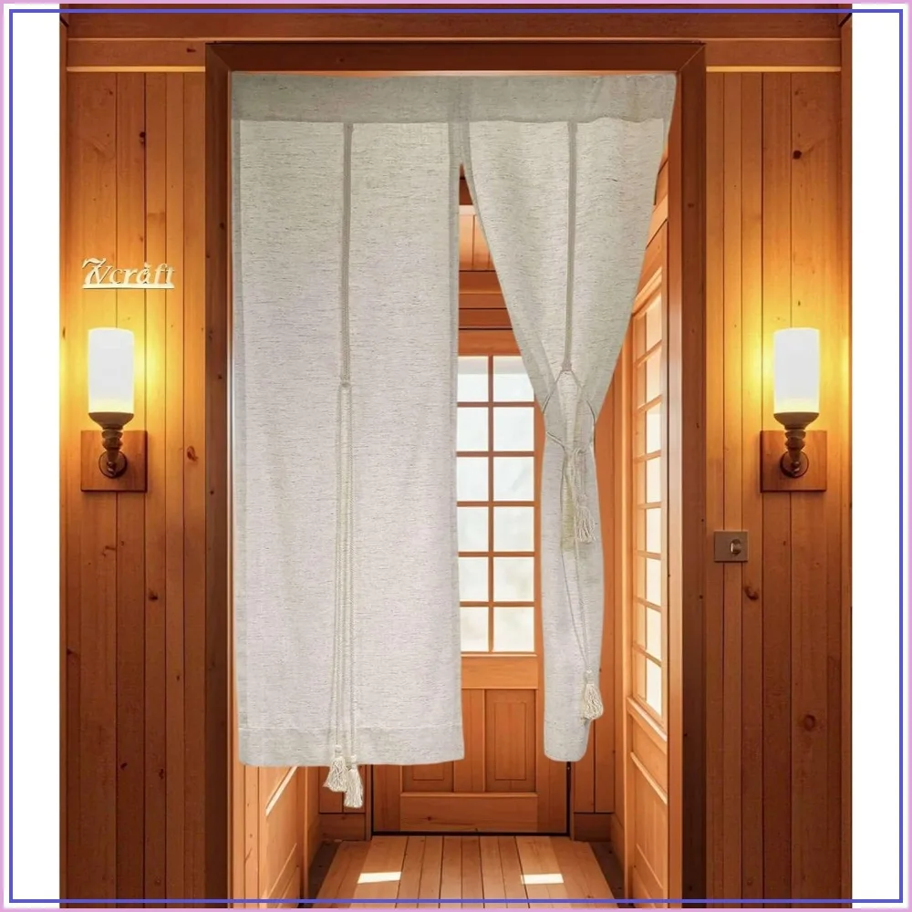 Japanese Linen Noren Curtain with Tie-Backs Beige Doorway Divider 39x70-100x180cm