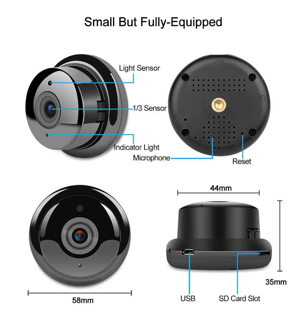 Telecamera senza fili HD 360 grandangolare VR 1.0MP Mini WIFI Visione notturna Telecamera IP di sicurezza domestica intelligente Monitor Onvif Baby Monitor