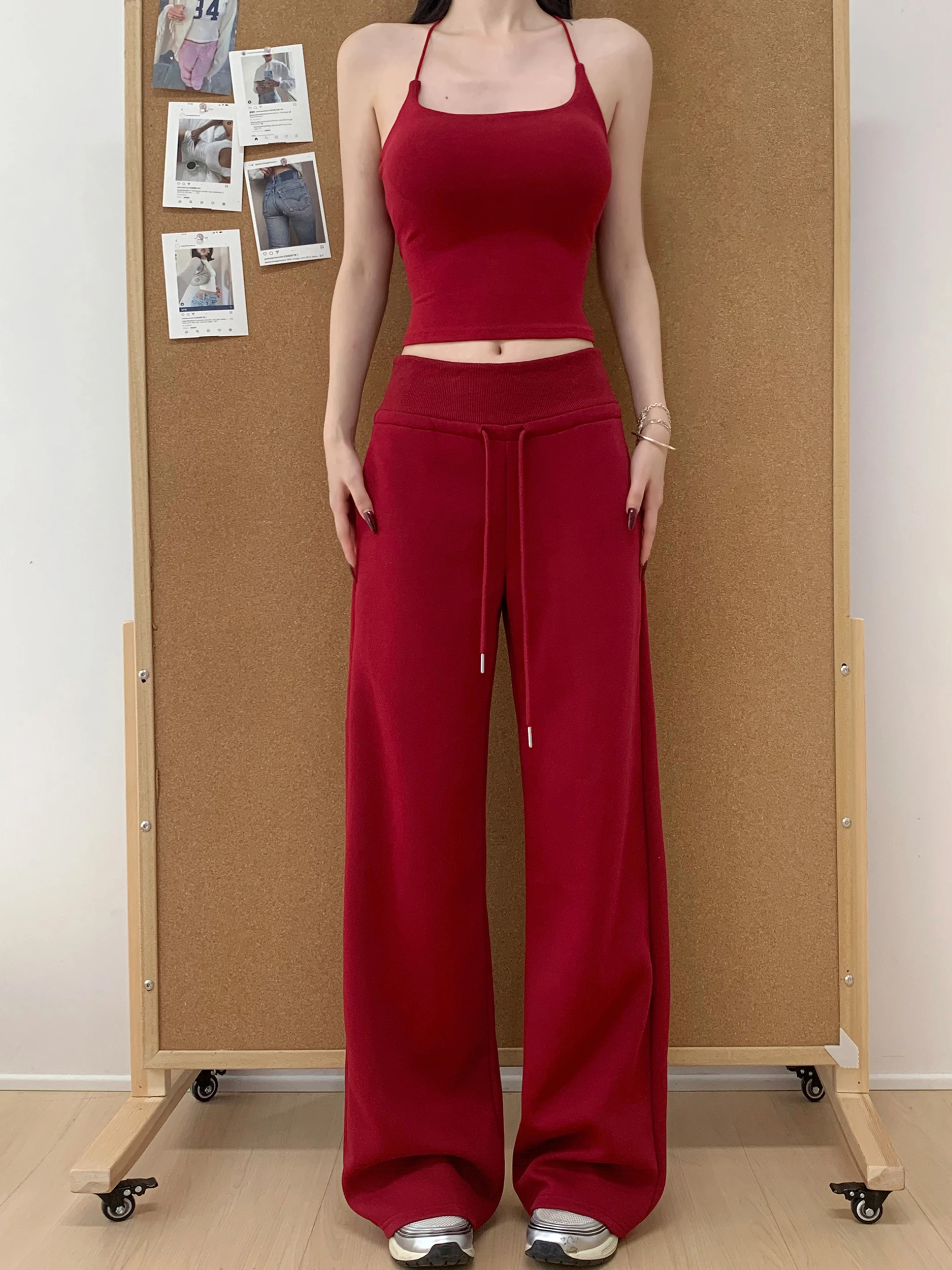 

Красные женские брюки с высокой талией и широкими штанинами, удобные повседневные спортивные брюки на осень-зиму, удлиненные, скрывающие недостатки фигуры