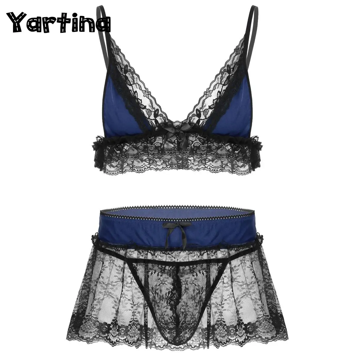 3Pcs Mens Erotic Lace Sissy Crossdresser Lingerie Set Deep V Neck Bra Top with Mini Skirt And G-string Briefs Underwear