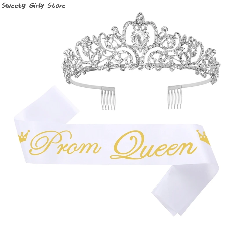 

Crystal Crown Tiara Sash Set Birthday Party Girls Queen Crown Belts Decoration Kit Bling Rhinestone Women Shoulder Straps