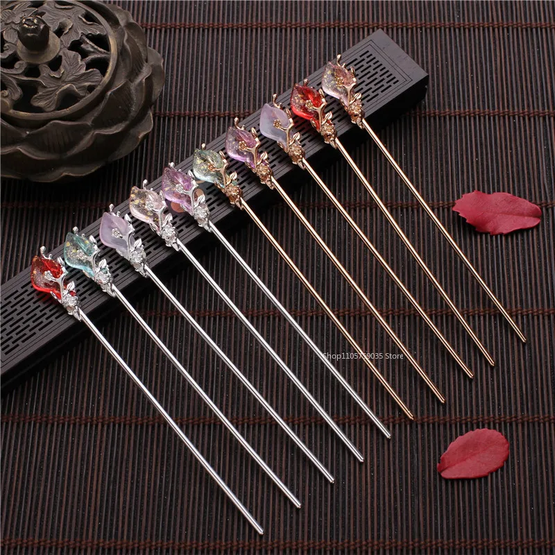 Chinese Style Hanfu Crystal Hair Stick Vintage Classic Metal Glaze Hair Fork Hair Pin for Women Jewelry Accessories New Headwear