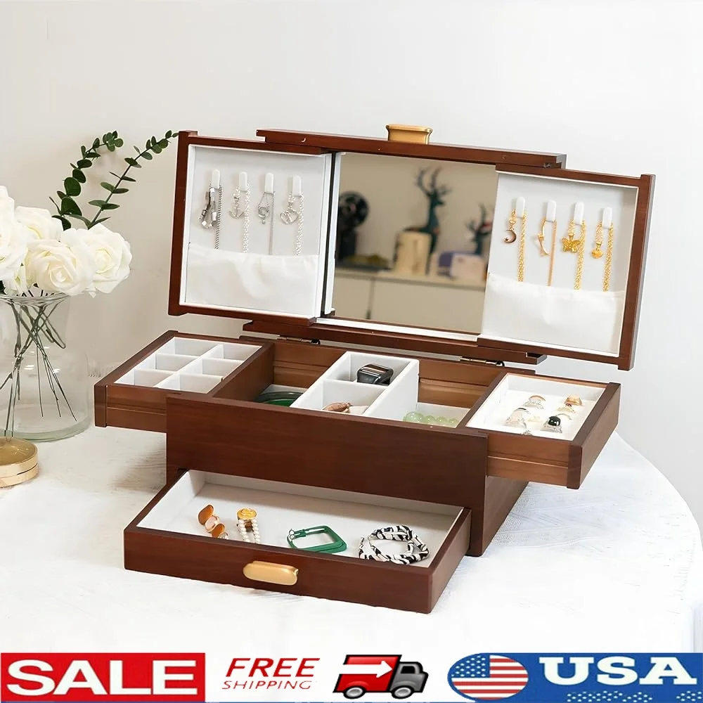 

Luxury Jewelry Box Wooden Organizer with Mirror Storage of Rings Necklaces Earrings Watches Perfect Gift Women Girls