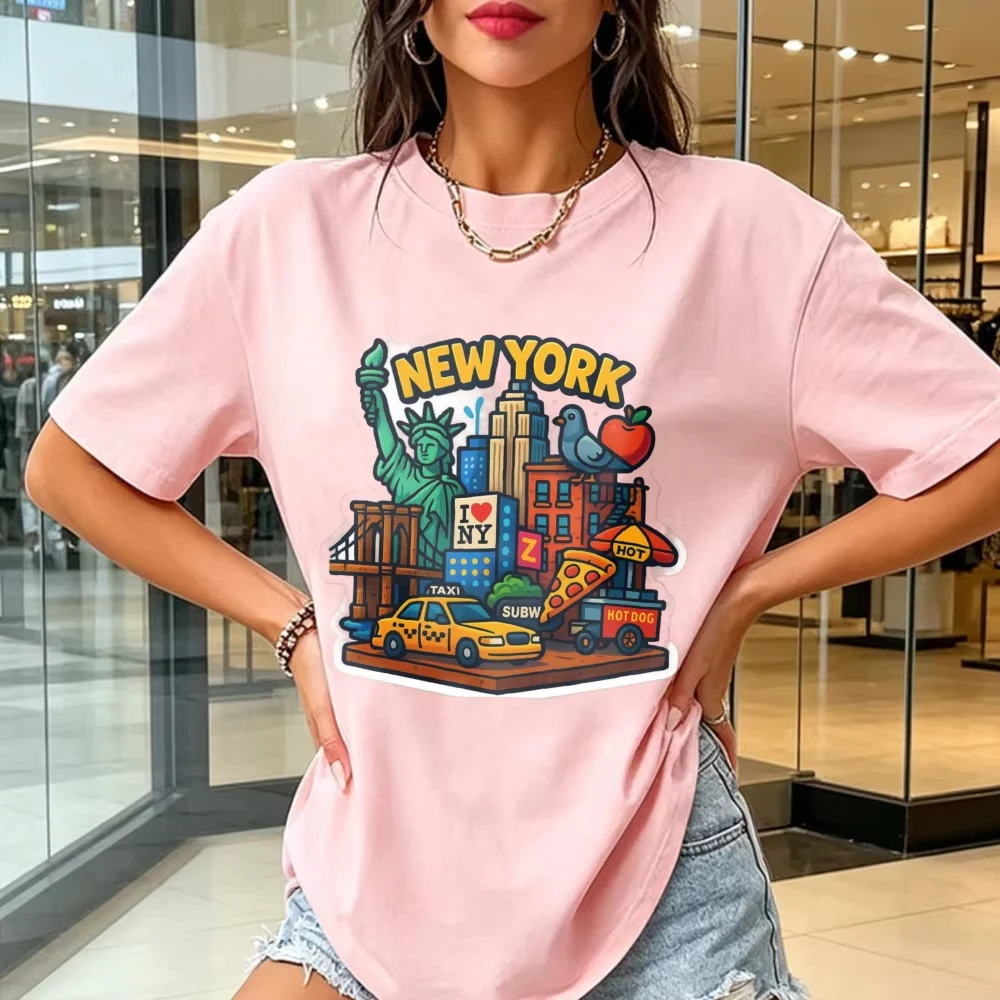 NYC Pizza Hot Dog Graphic Cotton Tee Statue Of Liberty Fun City Icons Travel Souvenir Men Women Casual Shirt Gifts For Travelers