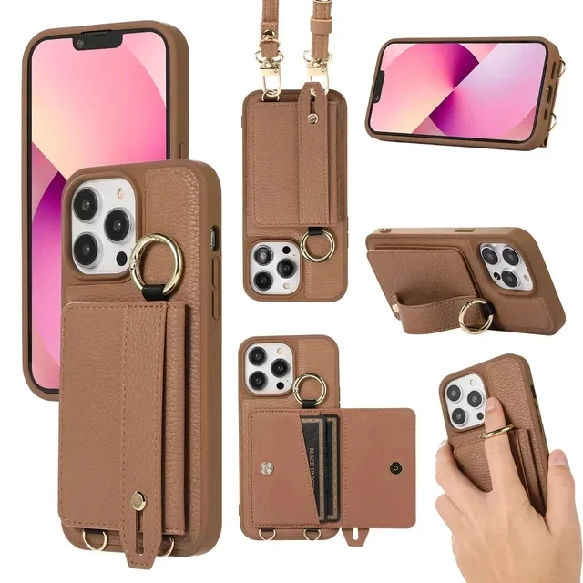 

Lichee Pattern Wrist Strap Phone Holder Crossbody Wallet Case for Coque iPhone 15 Plus 14 Pro Max 13 Pro 12 11 Card Slot Cover