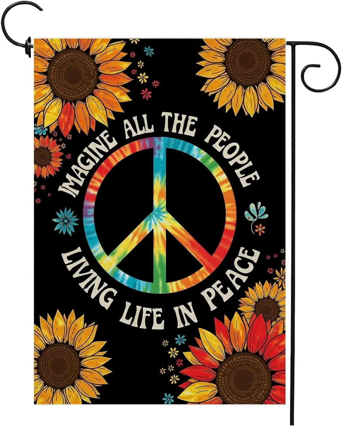 Peace Sign Garden Flag 12x18 Inch Vertical Double Sided Rainbow Sunflower Imagine All The People Living Life in Peace Motiva PPM