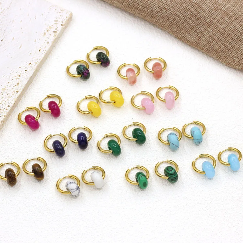 Natural Stone Pink Quartz Tige Eye Agate Doughnut Shape Stainless Steel Hoop Earrings Women Fashion Reiki Healing Jewelry Gift