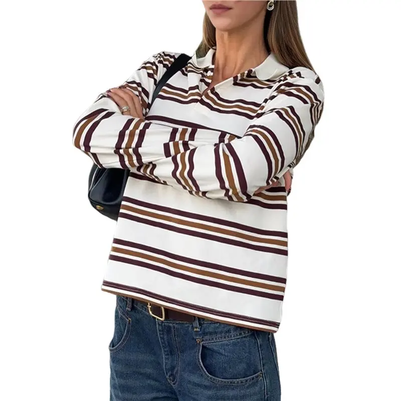 

CYL-Female Striped Oversized Sweatshirt Color Block Rugby Sweatshirts Vintage Long Sleeve Fall Pullover Tops