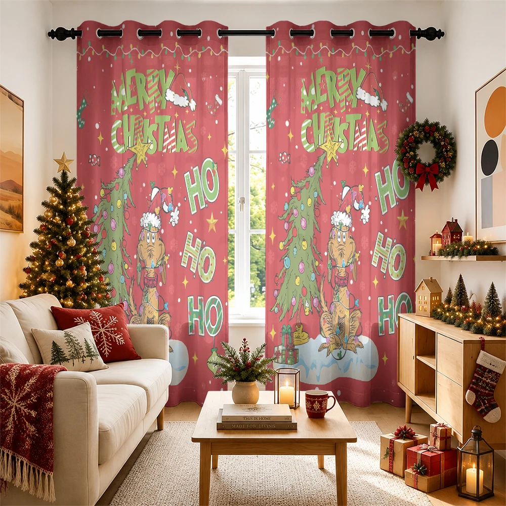 2PCS Red Background Christmas Cartoon Dog Tree Printed Grommet Curtains Double Sided Privacy Window Drapes For Living Room Be