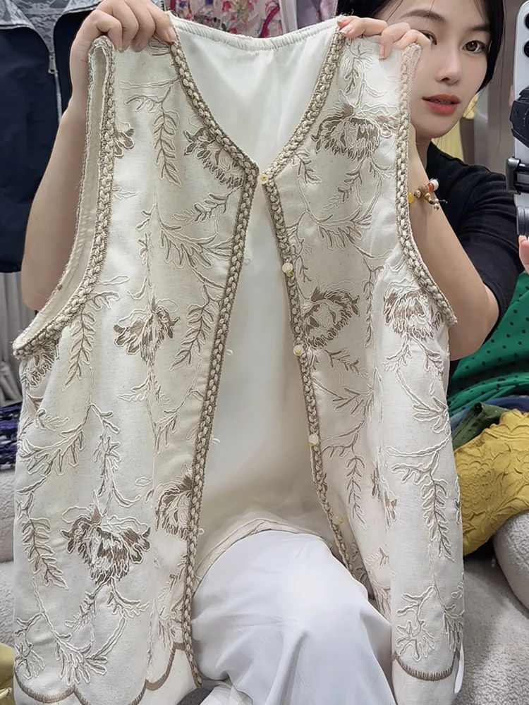 

Ele Chinese Embroidered Buttonl Svel Vest Summer Sle Large Size Women's oulder Pad Flat Button Commute Sle