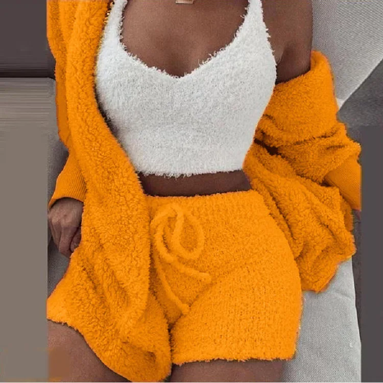 3PCS/Set Thickened Warm Sleepwear Winter Women Long Plush Long-Sleeved  Vest Shorts Student Homewear Solid Fashion