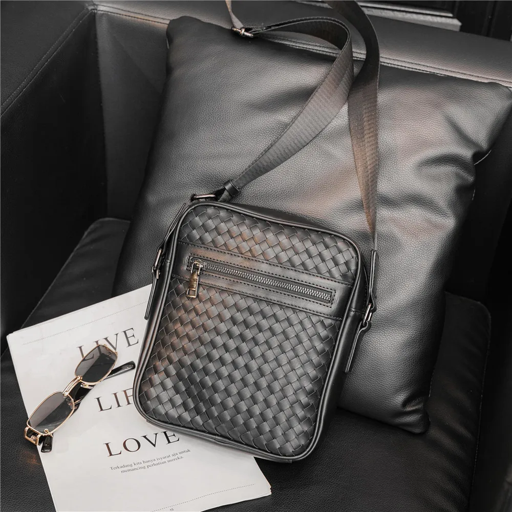 Woven Man Sling Bag Fashion Men Shoulder Bags Retro Male Messenger Bag Leather Men Crossbody Bags