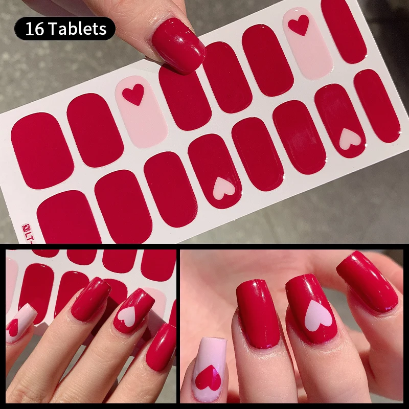 16tips Heart Full Cover Nail Stickers New Year Red Nail Art Stickers Full Nail Wraps Valentines Simple DesignDIY Nail Art Making