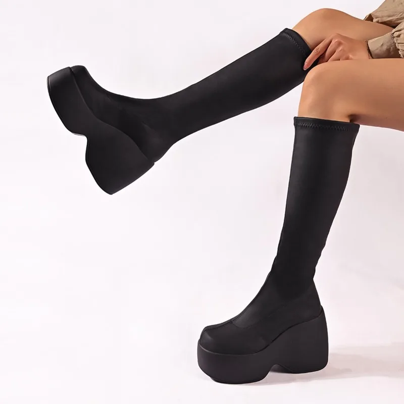 Korean Style Pure Black Super High-heeled Women's Shoes 2024 New Comfortable Slip-on Women's Shoes Winter Handsome Women's Boots