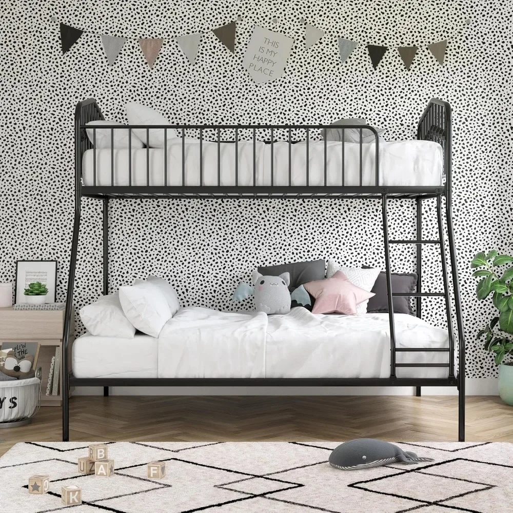 Metal Bunk Bed, Kid's Bedroom Furniture, Twin/Full, Modern rustic design elements,no Spring box Black, bunk bed frame