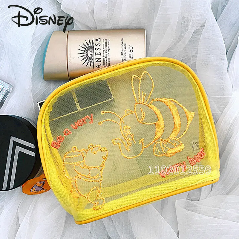 Disney Winnie The Pooh New Women's Makeup Bag Cartoon Embroidery Mesh Makeup Bag Mini Fashion Travel Storage Wash Bag Makeup Bag