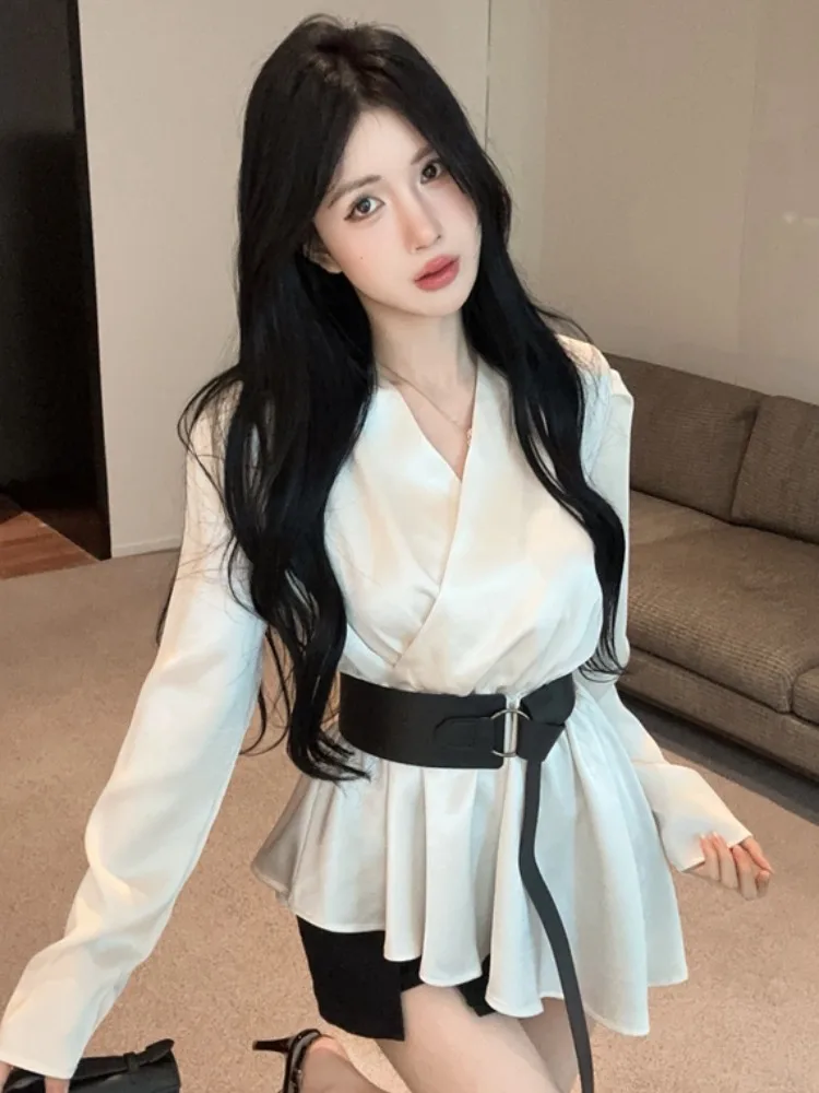 

Slim Fit Long Sleeve V-Neck Asymmetrical Splicing Bubble Sleeve Chiffon Shirt Women Spring Summer Pure Desire Waist Cinching