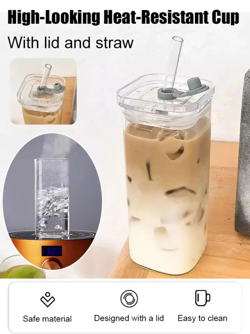 

Чашка для воды из боросиликатной соломы, высокоцветная стеклянная чашка с квадратной ручкой, летние бытовые чашки для горячей воды