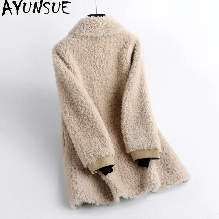 AYUNSUE 100% Wool Jackets for Women 2023 Autumn Winter Mid-length Fur Coat Casual Granular Wool Jacket Sheep Shearing Coats