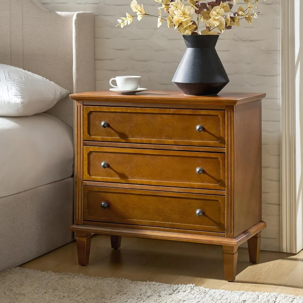 

HULALA HOME 3 Drawer Nightstand with Charging Station, Wooden Drawer Organizer with Wood Legs, Mid Century Modern Nightstand, Ac