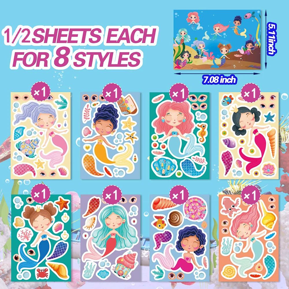 8/16Sheets Make Your Own Mermaid Puzzle Stickers For Kids Make a Face DIY Assemble Jigsaw Funny Children Game Party Favor Gifts