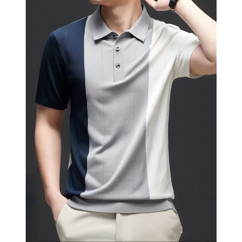 Minglu Knitted Summer Men's Polo Shirts Luxury Short Sleeve Contrast Color Business Casual Male T-shirts Fashion Man Tees