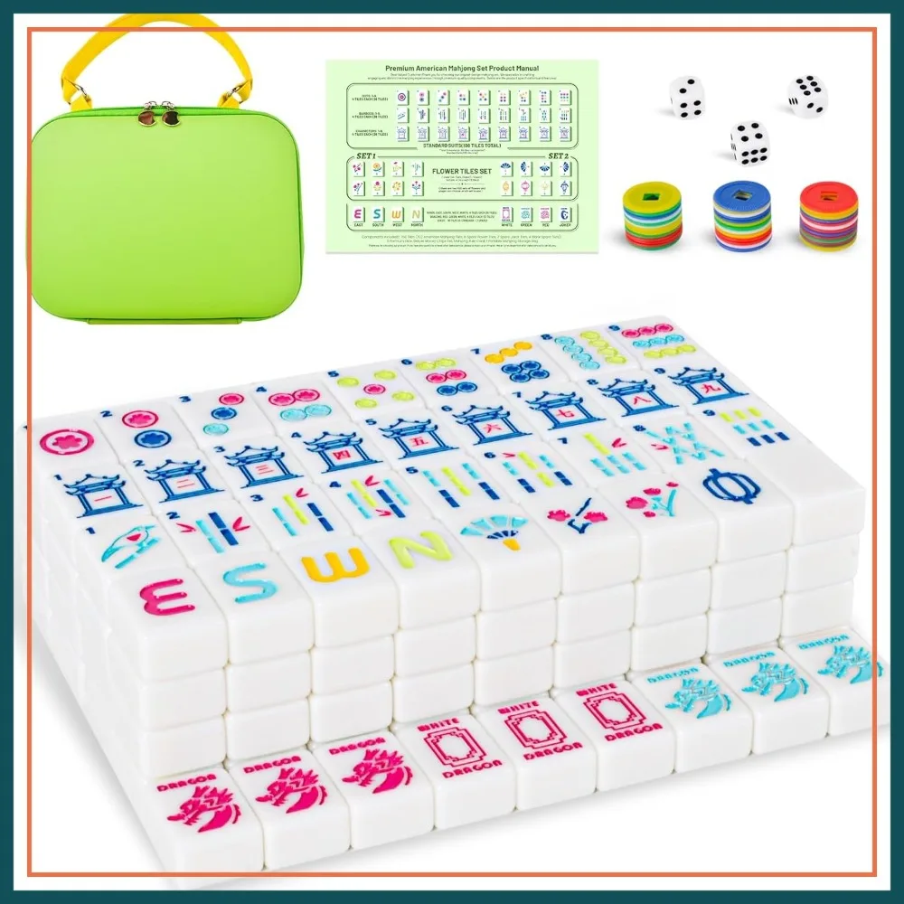 

American Mahjong Tiles Set 1.2 inch, 166 Quality White Engraved Tiles with Bag, Dice, Chips, Creative Design, Gift
