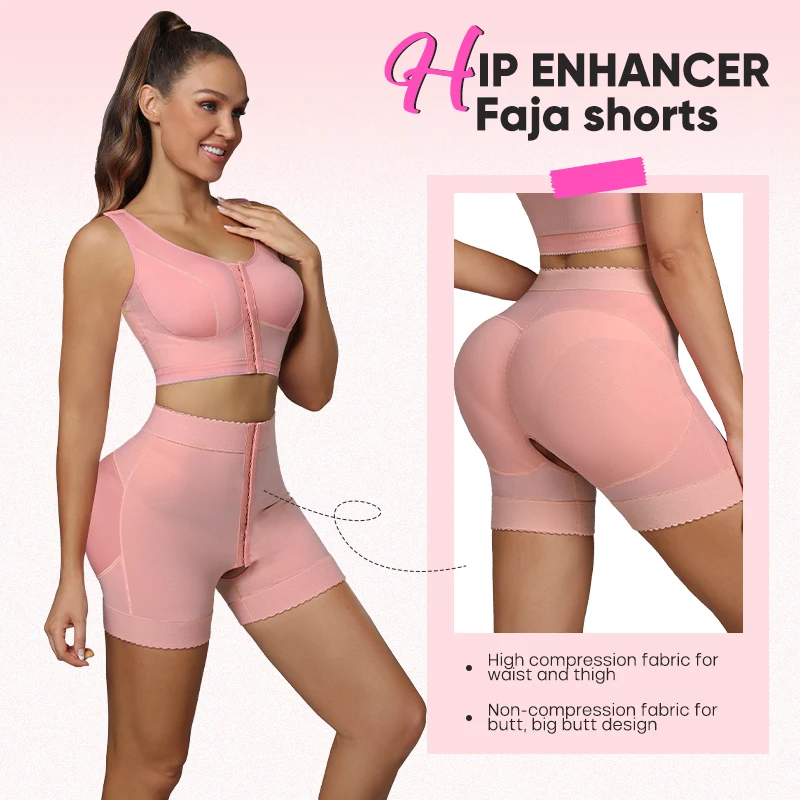 2pcs Women Pink Firm Shapewear Set Post Surgery Stage 2 Faja Shaper Bra Tops And Butt Lifter Open Crotch Shaper Shorts