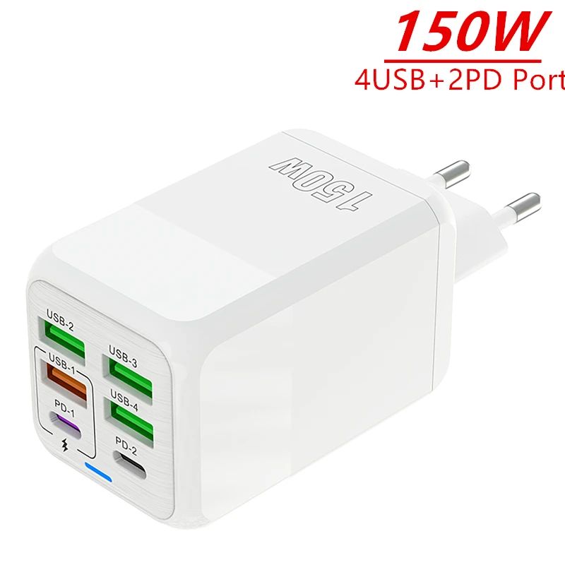 150W USB C Fast Charger QC3.0 PD 4 USB +2 PD Quick Charging Type C Wall Adapter for iPhone 15 Samsung Huawei Xiaomi Oneplus