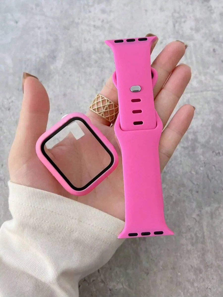 

Розовый силиконовый ремешок для часов 2-в-1 и защитный чехол для экрана для умных часов